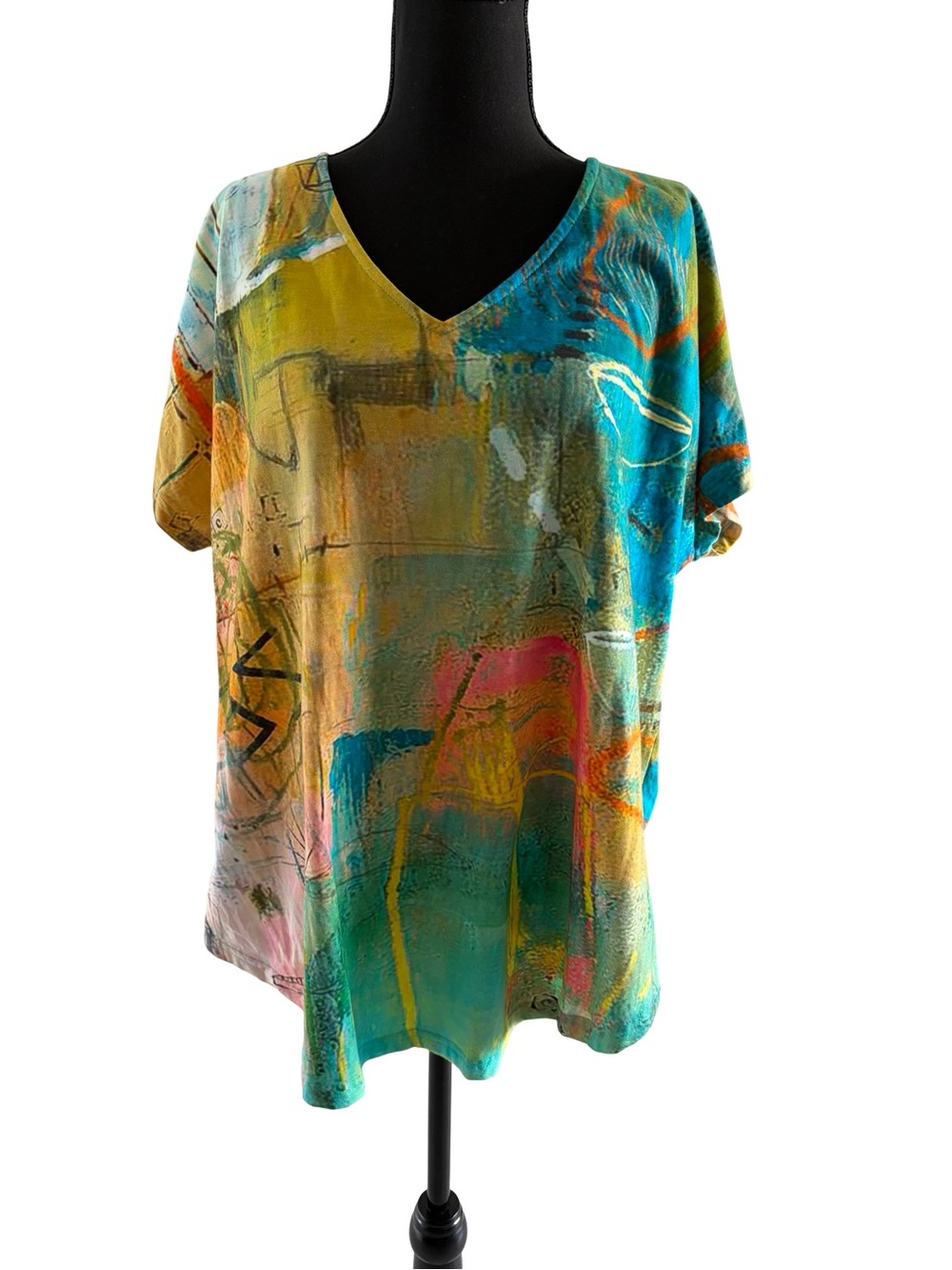 Parsley & Sage Abstract V-Neck Tunic in Teal, Yellow, Pink and Orange